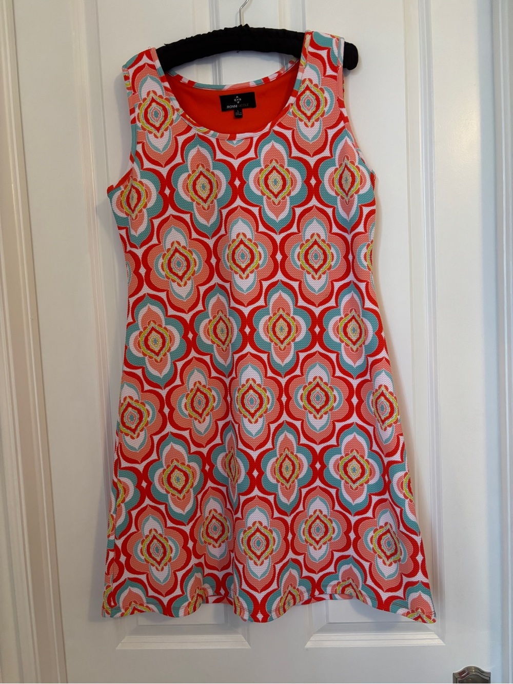 Ronni Nicole - Women’s Coral & Teal Sleeveless Dress.  Size L, Poly Blend.